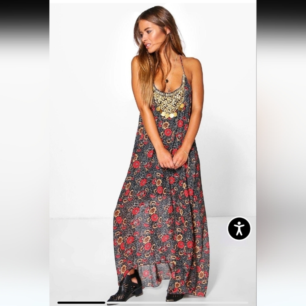 Boohoo Black Maxi Slip Dress with Red Floral Print